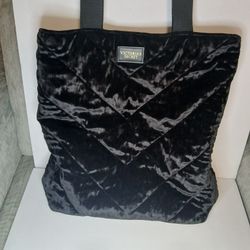 Victorias Secret Tote Bag Black Velvet Faux Leather Bottom Weekend Travel 