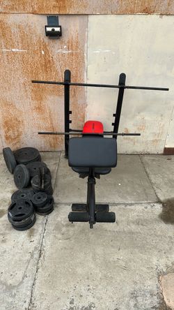 Weider Weight Bench with Barbell and Plates