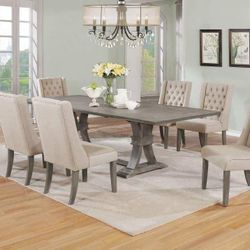 Rustic Grey Dining Table With 6 Beige/Grey Chairs