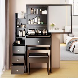 29.2" W Small Vanity Desk with Sliding Mirror, Black Makeup Vanity Set with 4 Drawers and 5 Shelves, Dressing Table with Cushion Stool for Bedroom, Gi