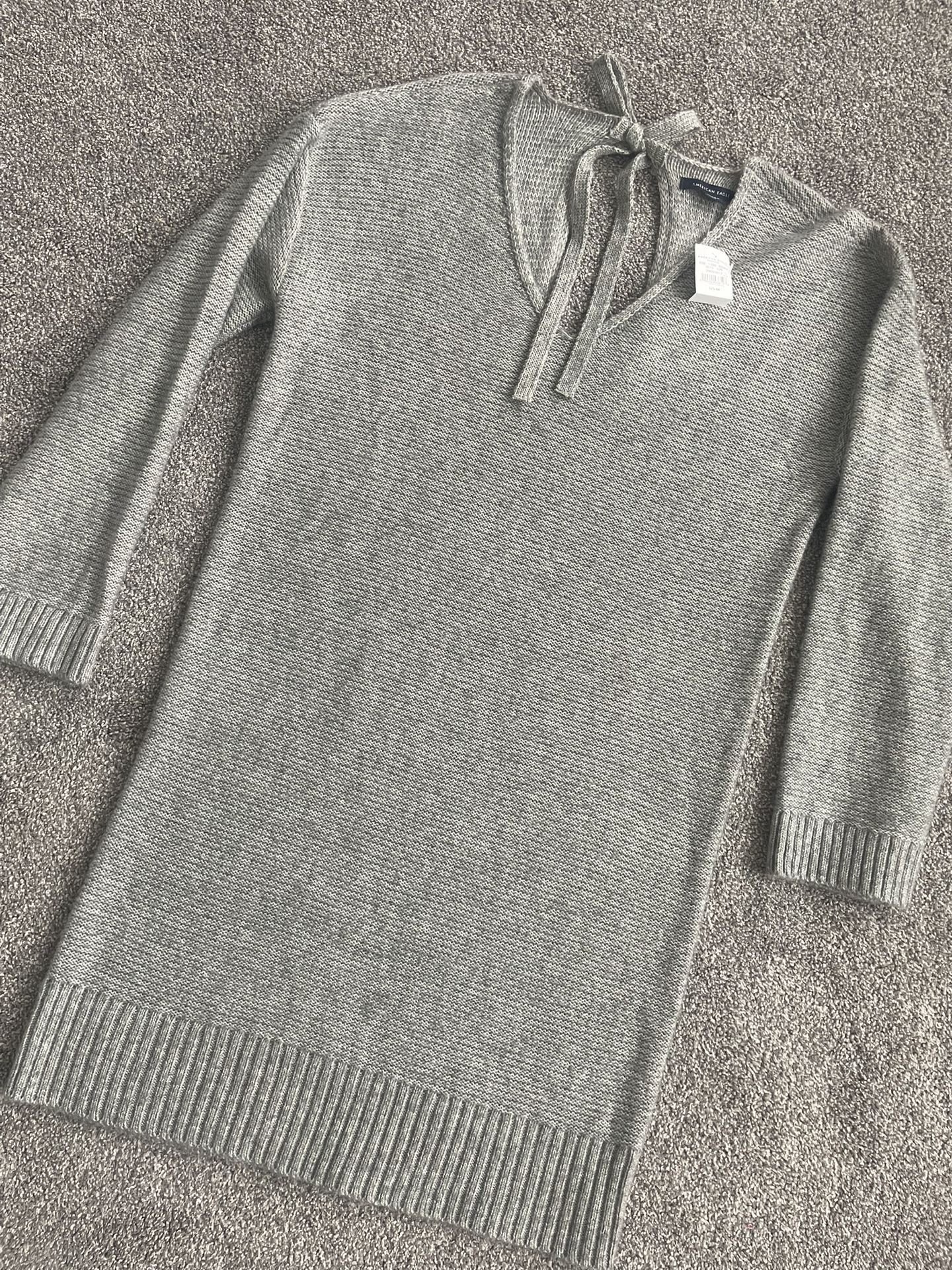 New AMERICAN EAGLE Knit SWEATER DRESS, Size M Gray V-Back Keyhole, Long Sleeve NWT