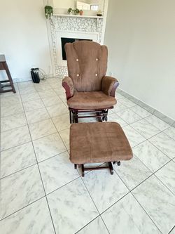 High-quality wooden glider and ottoman combo set featuring rich cherry wood frames paired with soft