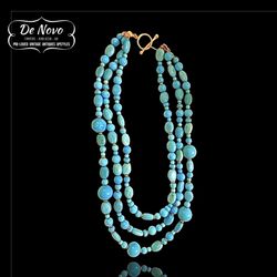 Vintage Designer Zoe B Turquoise Pearl / Beaded 14k Triple Strand Necklace
