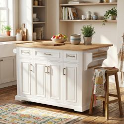 HomyCasa Rolling Kitchen Island with Wood Top and Storage Cabinets, White