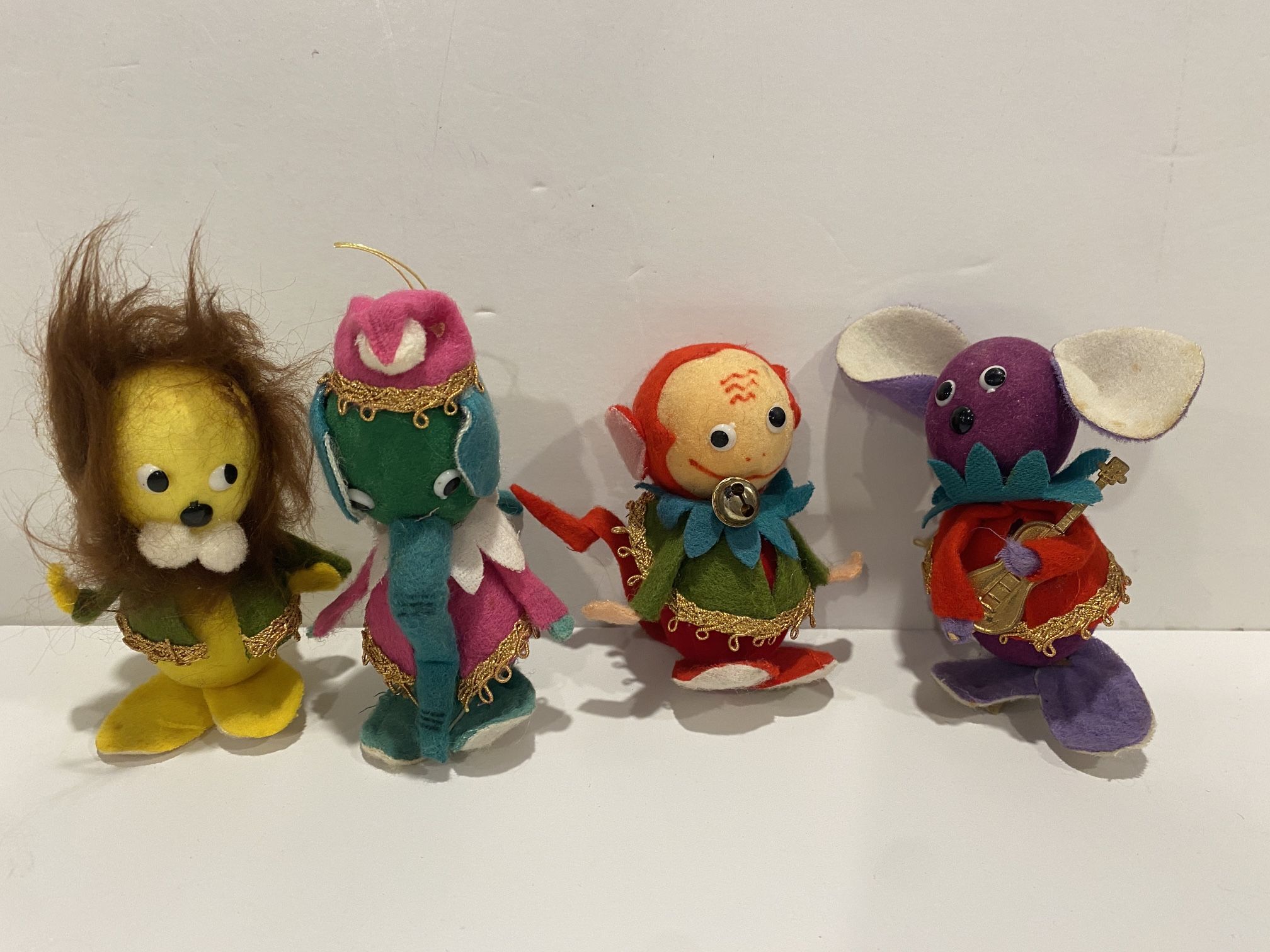 (4) Vintage Flocked NAPCO Christmas Ornaments Lion, Elephant, Monkey, Mouse