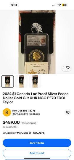 2024 1oz Canadá S$1  Peace Dollar 