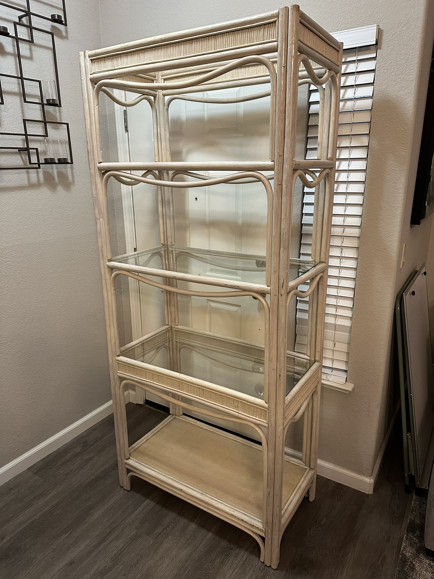 Vintage bentwood Bamboo Bookcase Etagere with 3 glass shelves. 18”D x 77H x 34”W