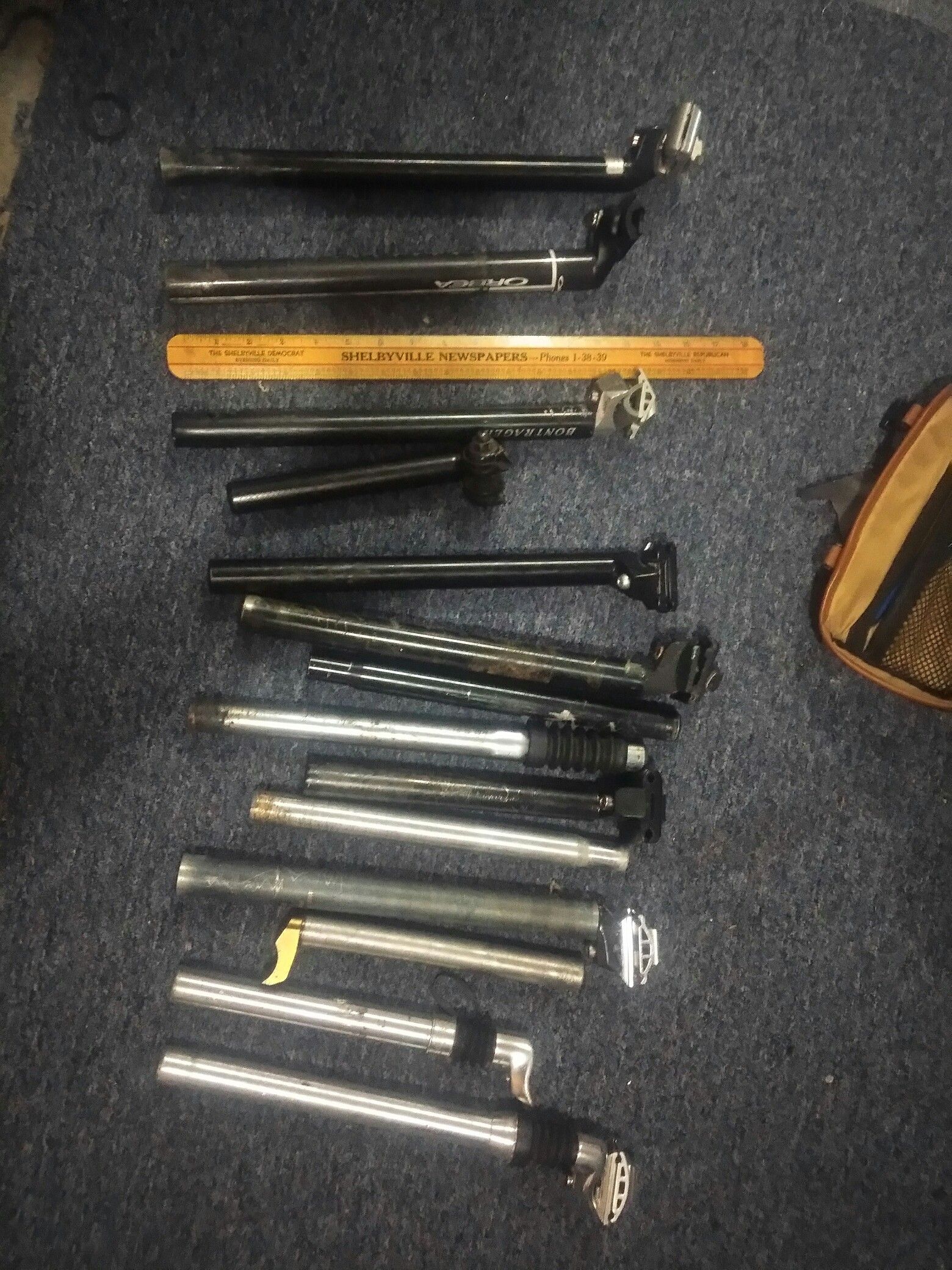 Seat posts, seats, bike racks front rear, handle bars, etc