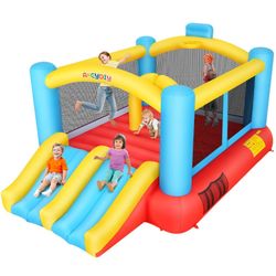 Bounce House, Indoor Outdoor Inflatable Bouncer with Blower, Jumping Castle w/Double Slide, Durable Family Backyard Bouncy House Castle w/Basketball H