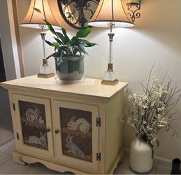 Wooden Cabinet with Hand Painted Panels and Mesh Front Doors
