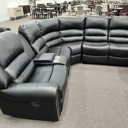 New Reclining Sectional.  Black Or Brown Leather.  111” X 98”.  Free Delivery!