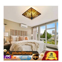 Lot # UB1314: Flush Mount Lighting World Menagerie 14 Vintage 2 Light Tiffany Stained Glass Dimmable Semi Flush Mount Lighting