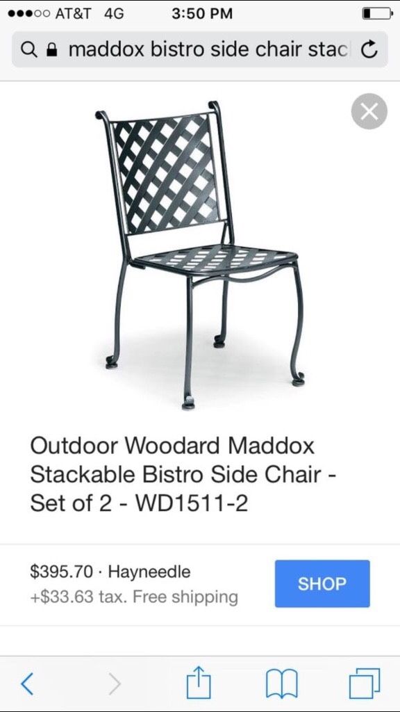 Beautiful new set of 4 outdoor patio Woodard Maddox stackable bistro side chairs only 200$!!! Original price for 2 430$!!! (50 available)