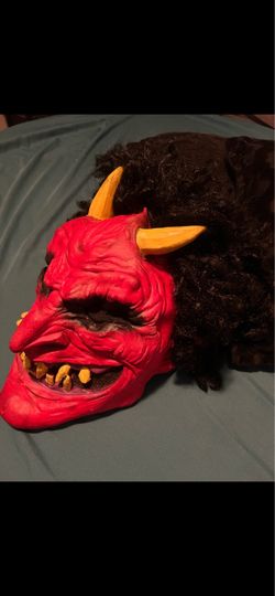 Red Devil Demon Halloween Mask with Hair