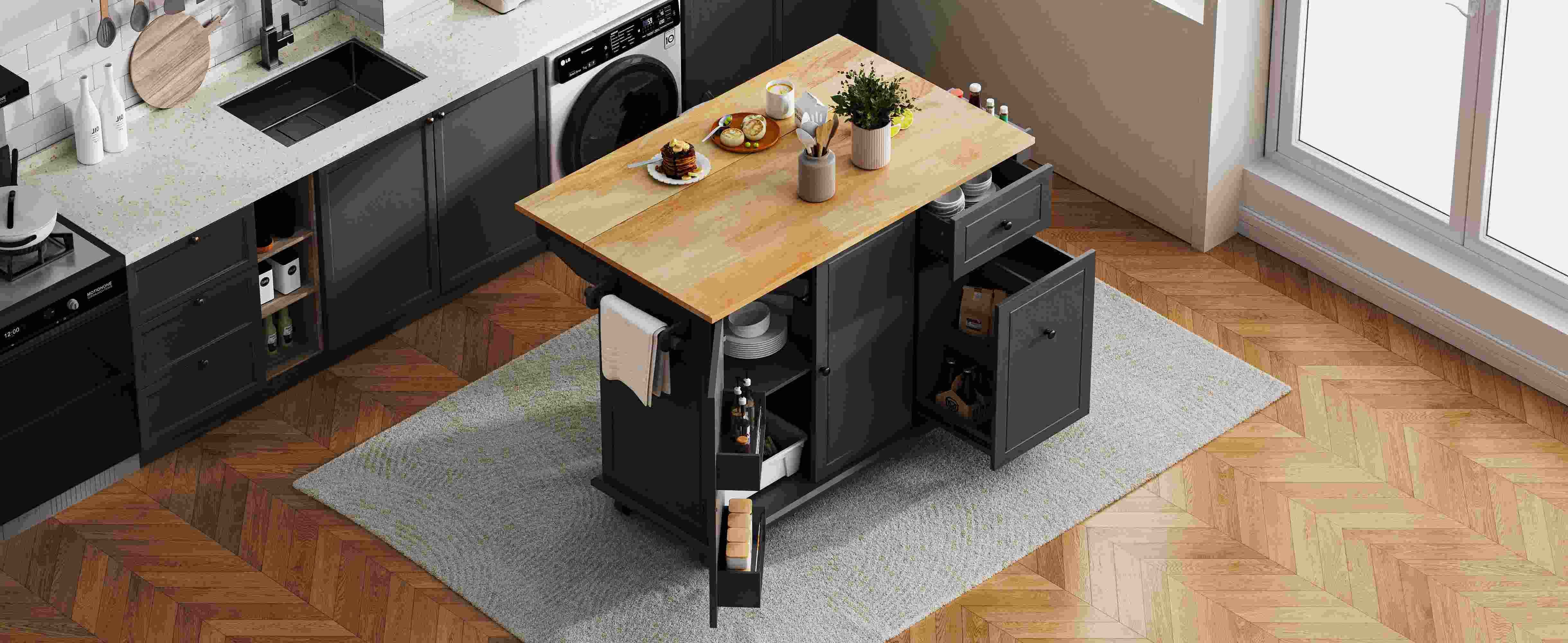 Kitchen Island with Drop Leaf, 53.9 Width Rolling Kitchen Cart on Wheels with Internal Storage Rack and 3 Tier Pull Out Cabinet Organizer, Kitchen Sto