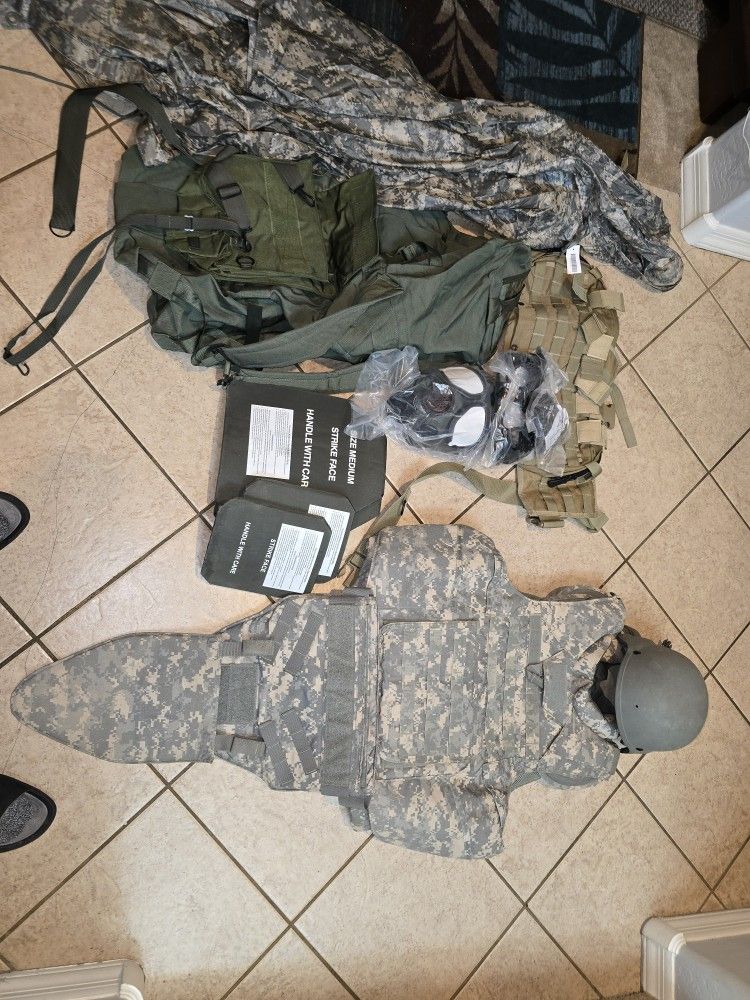 Bullet Proof Vest And Helmet Full Kevlar & Accessories Like Goggles Gas Mask Rain Pancho And Duffel Bag.
