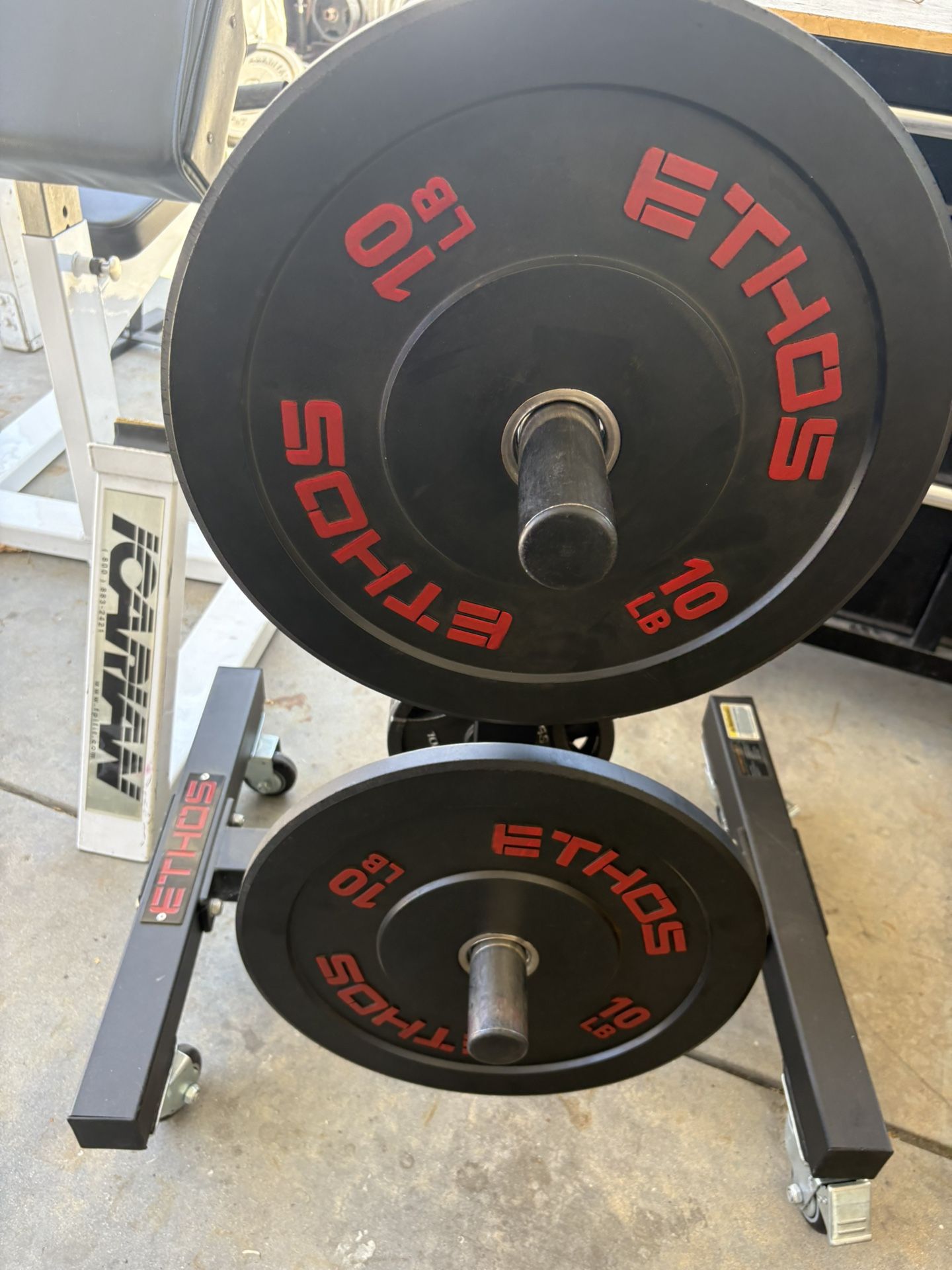 2 -10 Pounds Ethos Bumper Plates And Ethos Tree On Wheels