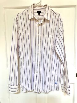 J.Crew Men's White and Vertical Striped Casual Dress Cotton Shirt Size L