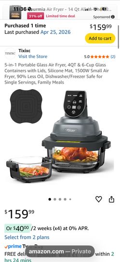 5-in-1 Portable Glass Air Fryer, 4QT & 6-Cup Glass Containers with Lids, Silicone Mat, 1500W Small Air Fryer, 90% Less Oil, Dishwasher/Freezer Safe fo