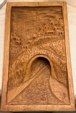 Hand Carved Wooden Folk Art Plaque Depicting a Rustic Landscape with Tunnel