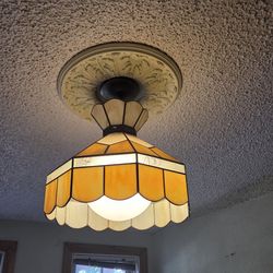 Vintage Handmade Stain Glass Hanging Lamp with Base