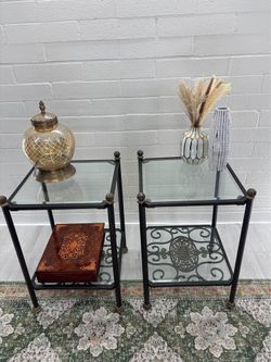 Pair of beautiful vintage iron and 2 tier beveled glass side tables