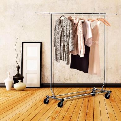 Adjustable Garment Rack, Single Rail Clothing Rack w/Castors, Heavy Duty Chrome Clothing Rack