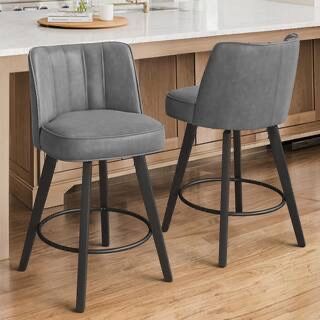 2 Pcs Set 26 in. Dark Gray Modern Faux Leather 360° Swivel High Back Barstool Solid Wood Counter Height stool (Set of 2)