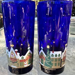 Culver Christmas Glass Lot  4 Colbalt Blue Town City Shops Tall Tumbler 6" Vintage