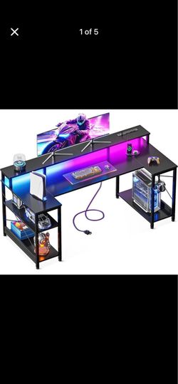 48/ 55” Gaming Desk with LED Lights & Power Outlet – Carbon Fiber Black