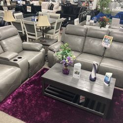 $1899 Light Gray Leather Sofa+Loveseat🩵