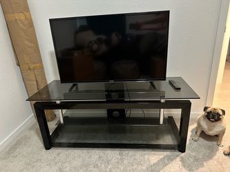32” Hitachi TV w/ 3-tier glass entertainment center