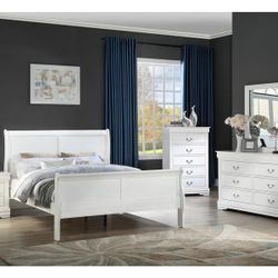 Louis Philip White Sleigh Bedroom Sets--4-Piece (Bed, Dresser, Nightstand and Mirror)
