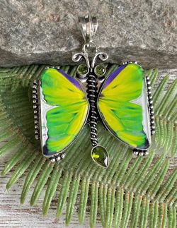 Green Dichroic Glass & Peridot Butterfly 2.3” Pendant