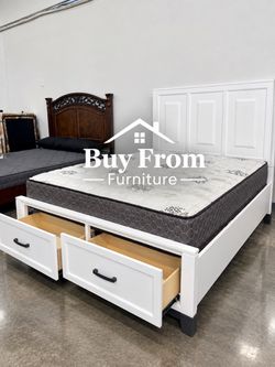 Queen size white platform bed with ortho mattress included