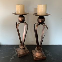 Aged Copper Metal Candlestick Holders