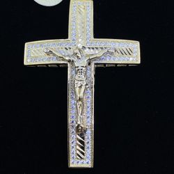 $1200 Yellow Gold W Zirconia Cross Crucifix Religious Charm Pendant 