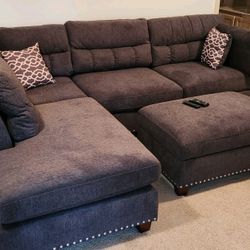 Grey Velvet Sectional Sofa Couch With Ottoman 