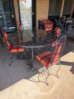 1950’s Rare Spanish Scroll Outdoor Metal Table and 4 Chairs Set - Sunbrella