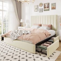 Queen Size Storage Bed Frame, Vertical Channel Tufted Adjustable Headboard, Velv