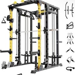 F4 Smith Machine, Power cage with Adjustable Cable Crossover System, All-in-One Squat Rack Training Equipment for Home Gym