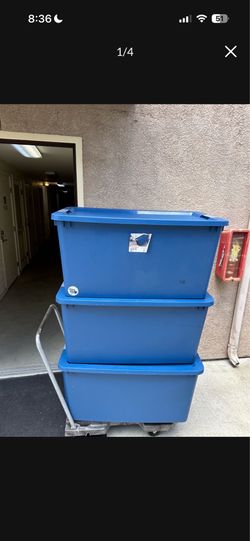 One Jumbo 45 Gallon Blue Storage Bin Box Tote with wheels