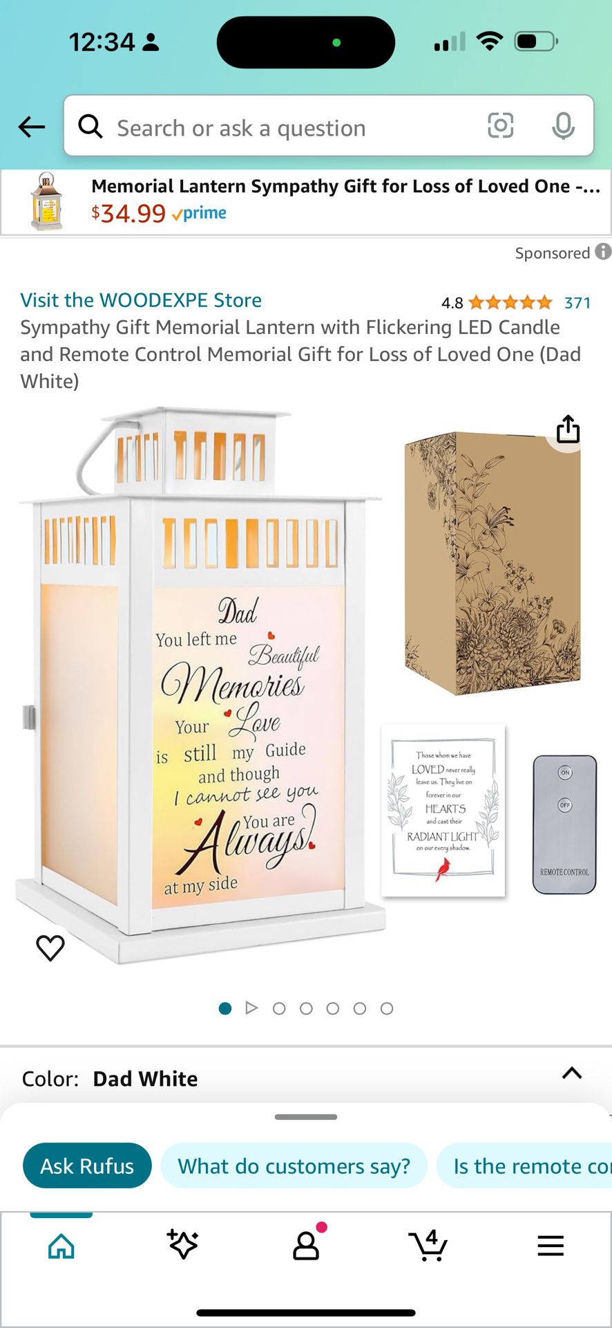 Sympathy Gift Memorial Lantern with Flickering LED Candle and Remote Control Memorial Gift for Loss of Loved One (Dad White)