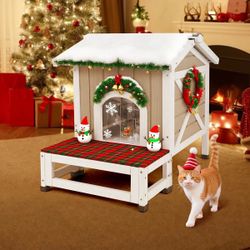 2-Story Insulated Wooden Cat House with Balcony & Escape Door - PET70-TI