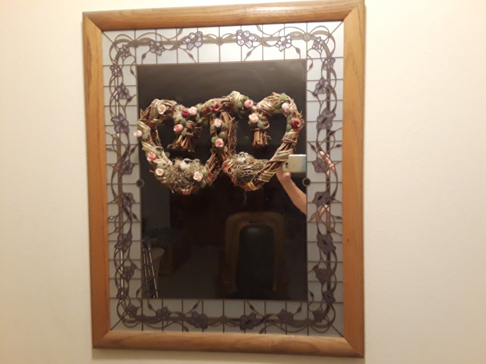 REDUCED TO$20. WOOD FRAMED MIRROR WITH STAINED GLASS BORDER