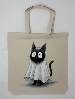 Canvas Tote Bag Ghost Cat Graphic