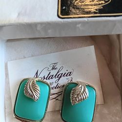 Turquoise Clipon Cabachon Earrings Under Silver Laid Leaf
