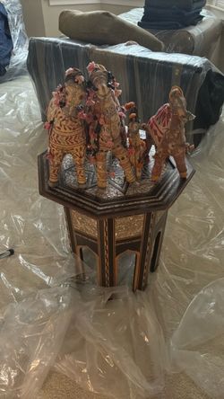 Inlaid Octagonal Side Table with Camel Figurines