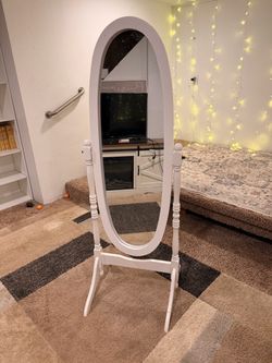 White Wood Oval Cheval Floor Mirror