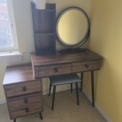 Vanity Desk With Round Mirror And Stool